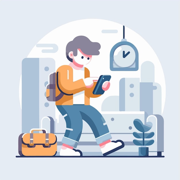 illustration of a male character playing with a cellphone in the city flat and simple design