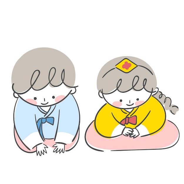 Illustration of male and female characters bowing with hanbok.