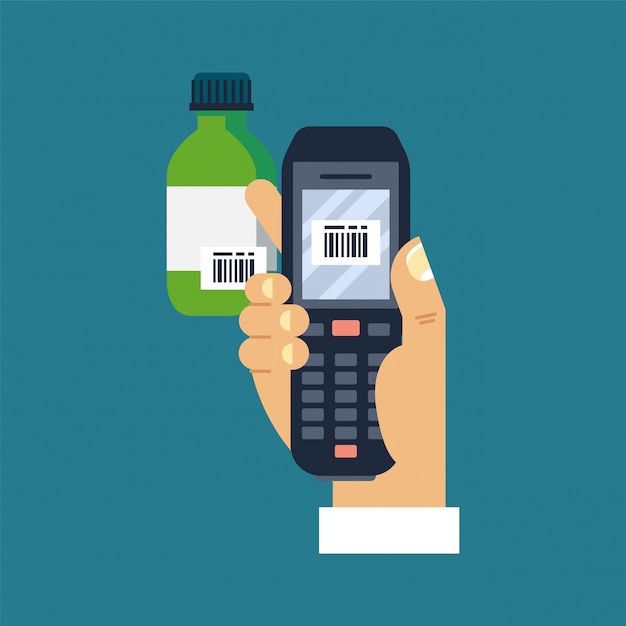 Vector   illustration male hand holding mobile bar code scanner or reader scan a bar code on a bottle of medicine.