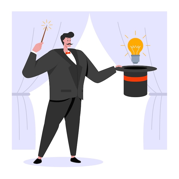 Vector illustration of a male magician showing his skills on the performance stage that is being watched