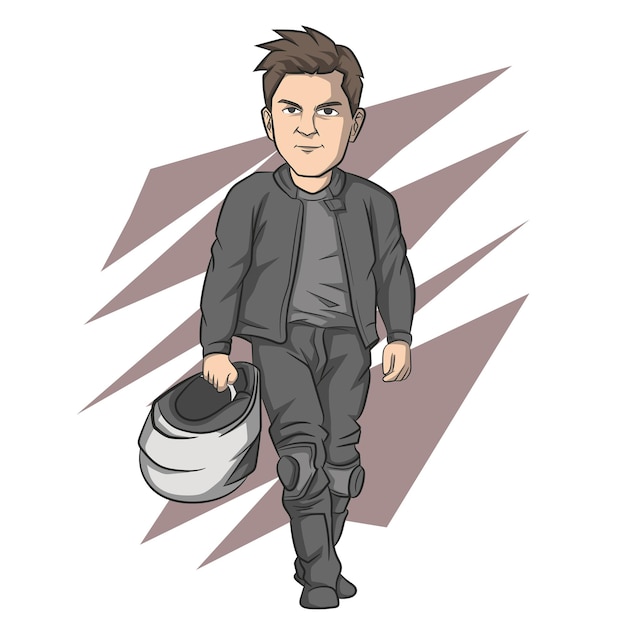 Illustration of a male racer holding a helmet walk