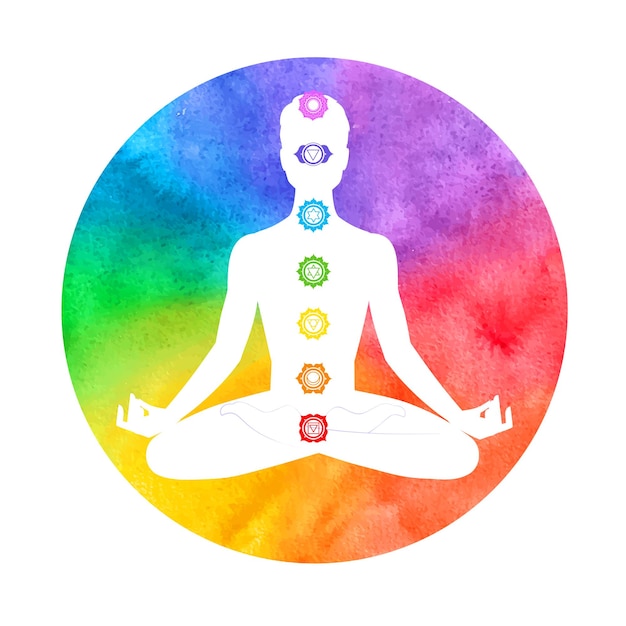 Illustration of Male Silhouette meditating in lotus position on aura background