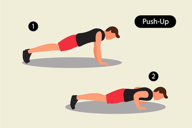 Illustration of a man exercising with two steps of pushups Image of a man training his muscles