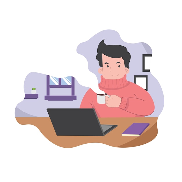 Illustration of a man having a cup of coffee while working in front of a laptop