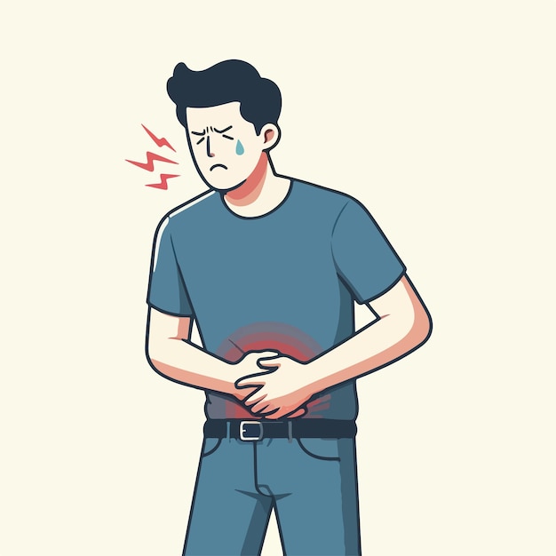 Illustration of a man having a stomach ache in a flat design style