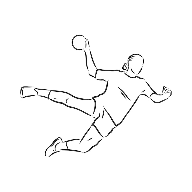 Illustration of man playing handball . black and white drawing, white background