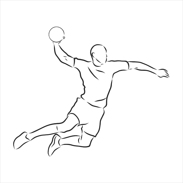 Illustration of man playing handball . black and white drawing, white background