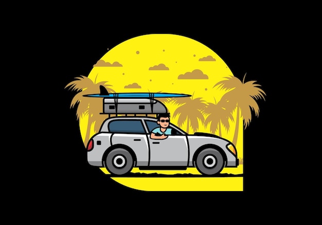 Illustration of a man riding a car for vacation