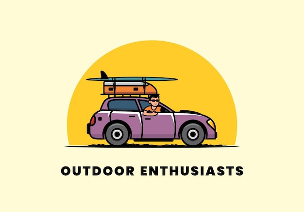 Illustration of a man riding a car for vacation