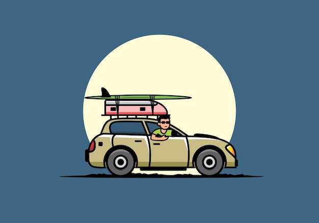 Illustration of a man riding a car for vacation