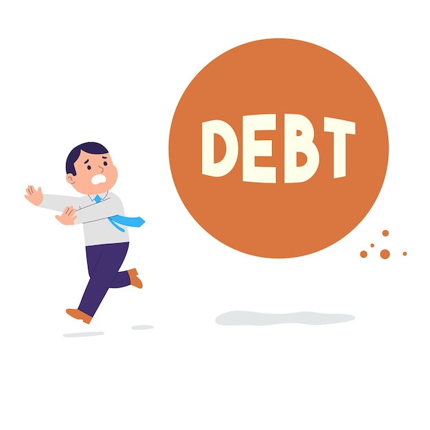  illustration of a man running because he is being chased by debt and bills