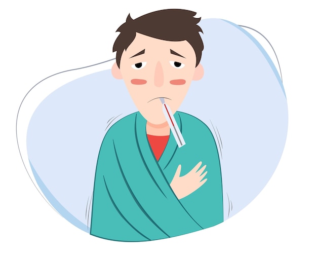 illustration of man sick with fever using blanket and thermometer in mouth. fever sick man icon