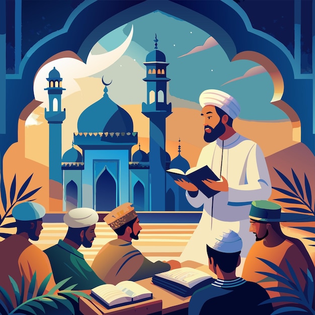 a illustration of a man teaching Quran to his student