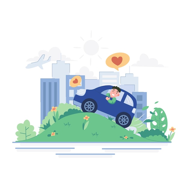 Vector illustration of a man trying to drive an environmentally friendly and economical electric car