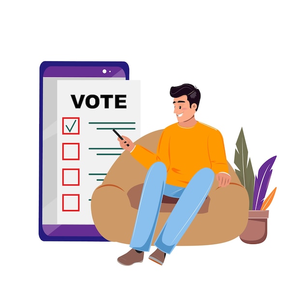 Vector illustration of a man using his phone for voting with a big cellphone showing a ballot