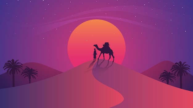 illustration of a man walking with a camel in a desert background and banner ramadan the holy month