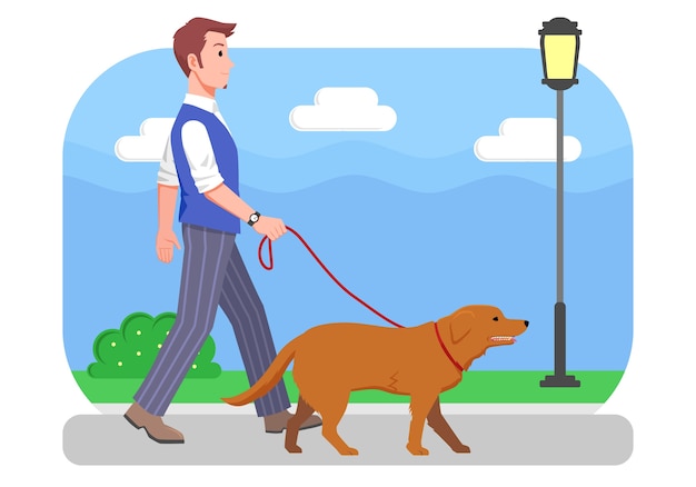 Illustration Man walking With His Dog