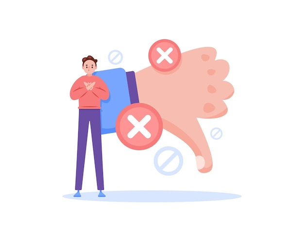 Vector illustration of a man with thumbs down or the concept of rejection and dislike