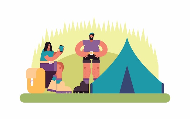  illustration of man and woman browsing map on smartphone while resting near camp tent together on campsite in countryside