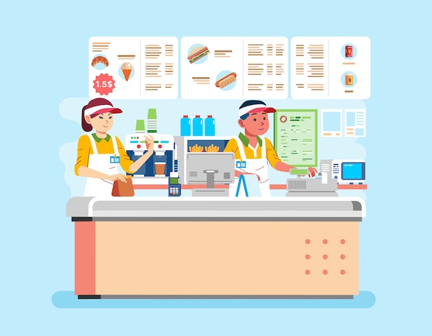  illustration of man and women cashier wearing uniform at fast food restaurant is serving customers. used for banner, poster and other