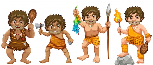 Vector illustration of many cavemen with weapons