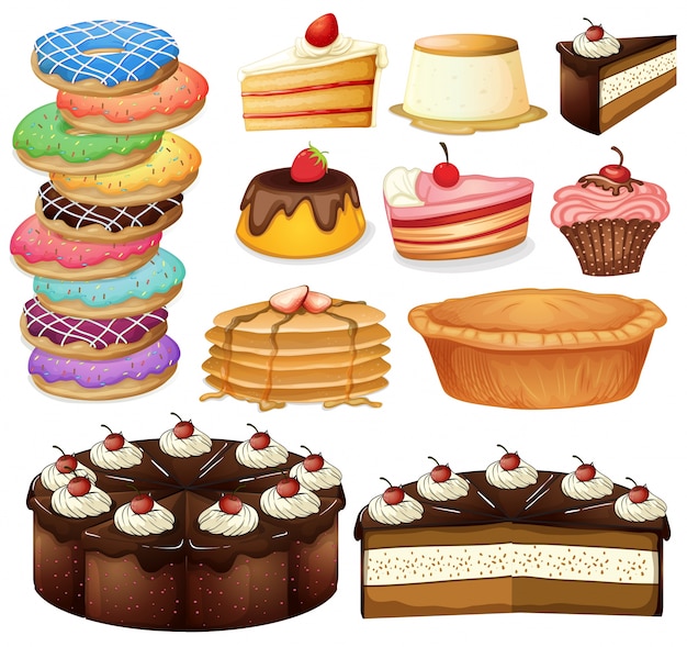 Illustration of many different desserts