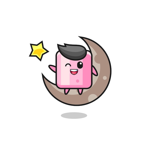 Illustration of marshmallow cartoon sitting on the half moon