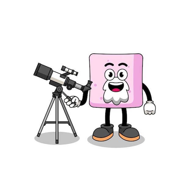 Illustration of marshmallow mascot as an astronomer character design