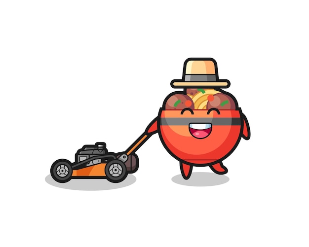 Illustration of the meatball bowl character using lawn mower