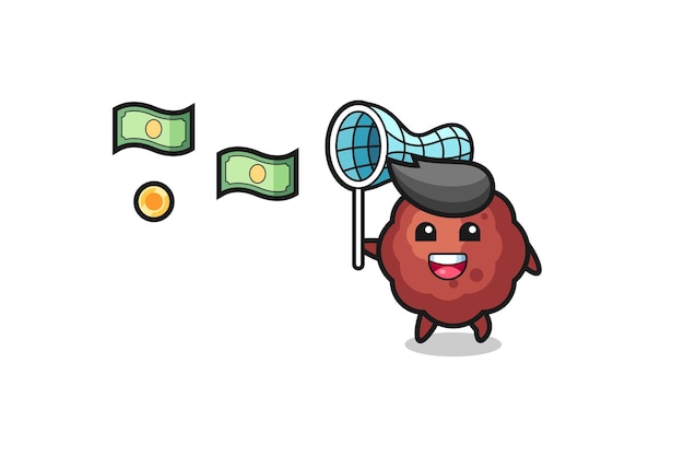 Illustration of the meatball catching flying money , cute design