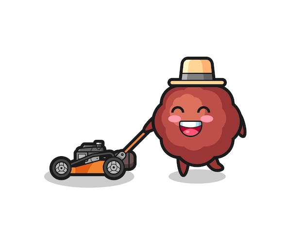 Illustration of the meatball character using lawn mower