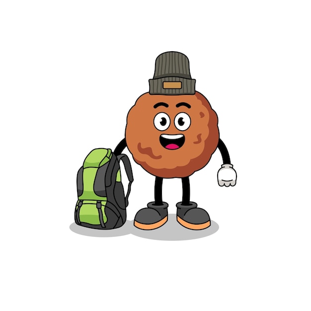 Illustration of meatball mascot as a hiker character design