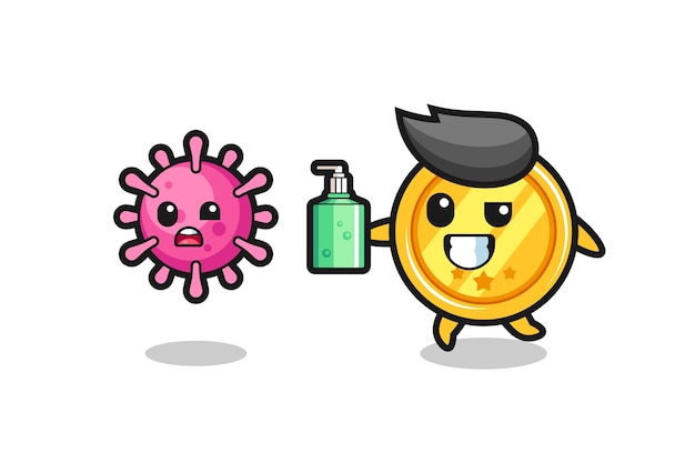 Illustration of medal character chasing evil virus with hand sanitizer