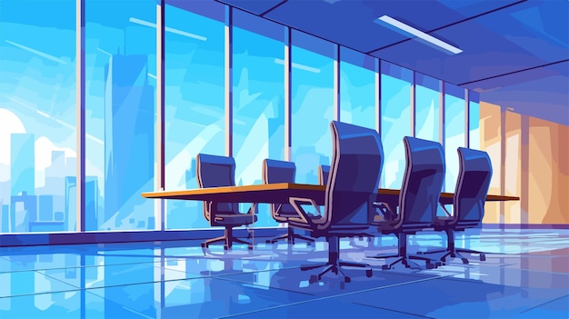 an illustration of a meeting room with chairs and a table with a blue background