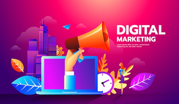 illustration of megaphone and different icons for Digital Marketing concept.