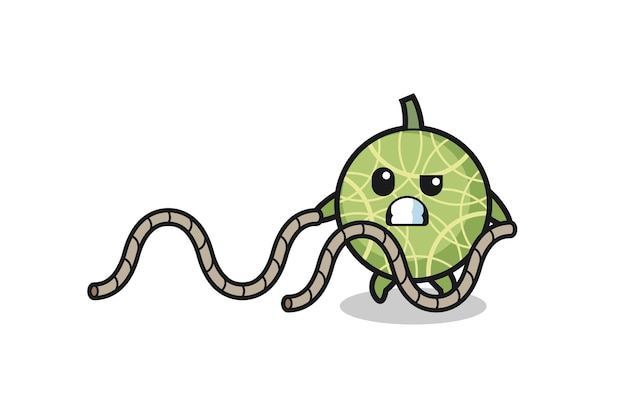 Illustration of melon doing battle rope workout , cute design