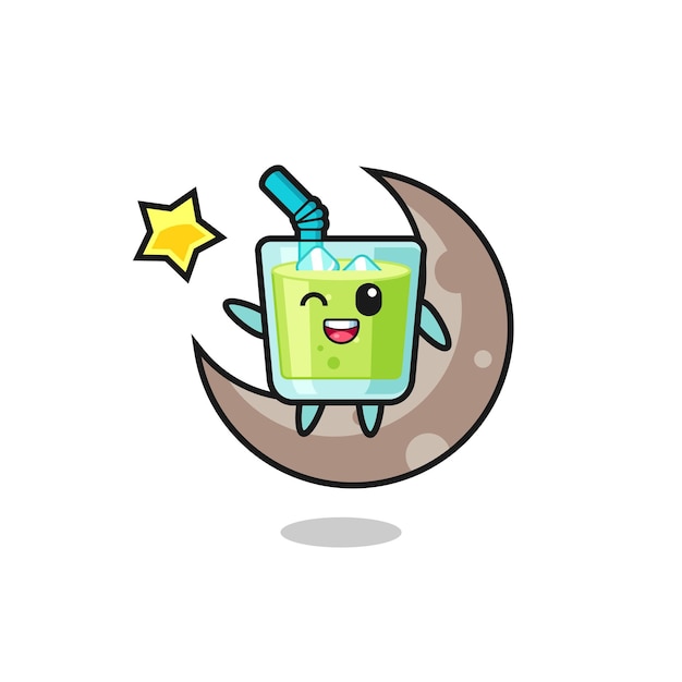 Illustration of melon juice cartoon sitting on the half moon