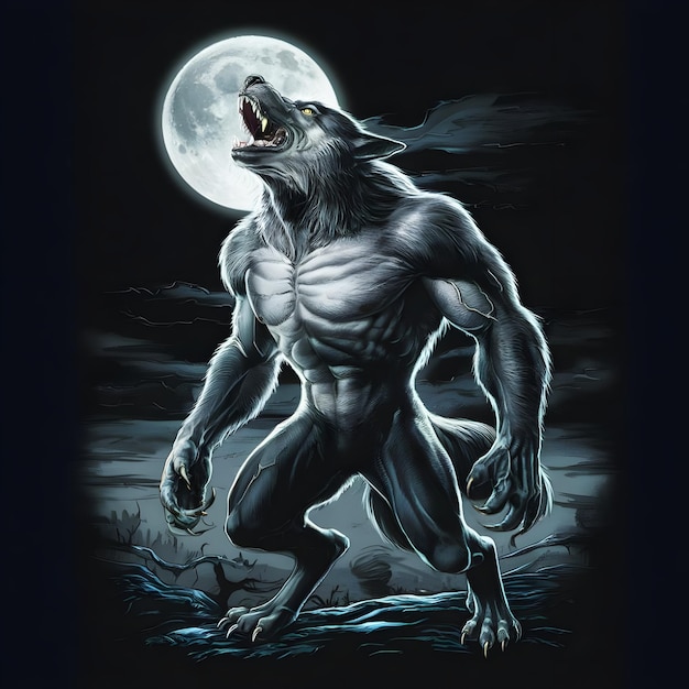 Vector illustration of a menacing werewolf with gray fur sharp claws and red eyes the werewolf is emerging