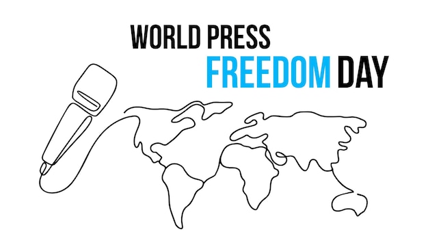 Illustration of microphone and world map for World Press Freedom Day in line art style on white