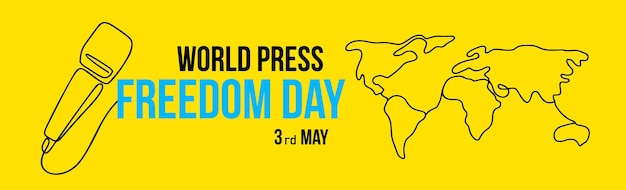 Illustration of microphone and world map for World Press Freedom Day in line art style on yellow background