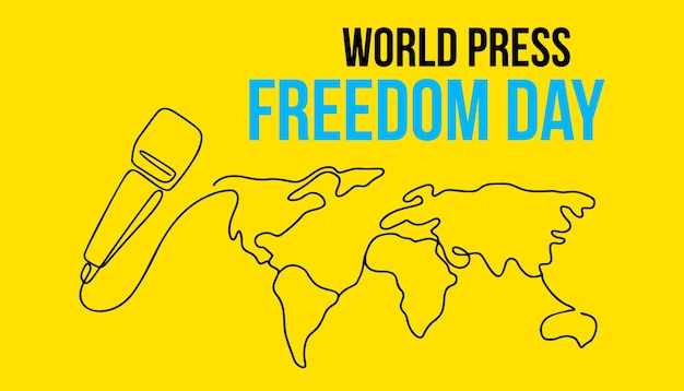 Illustration of microphone and world map for World Press Freedom Day in line art style on yellow background