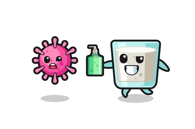 Illustration of milk character chasing evil virus with hand sanitizer