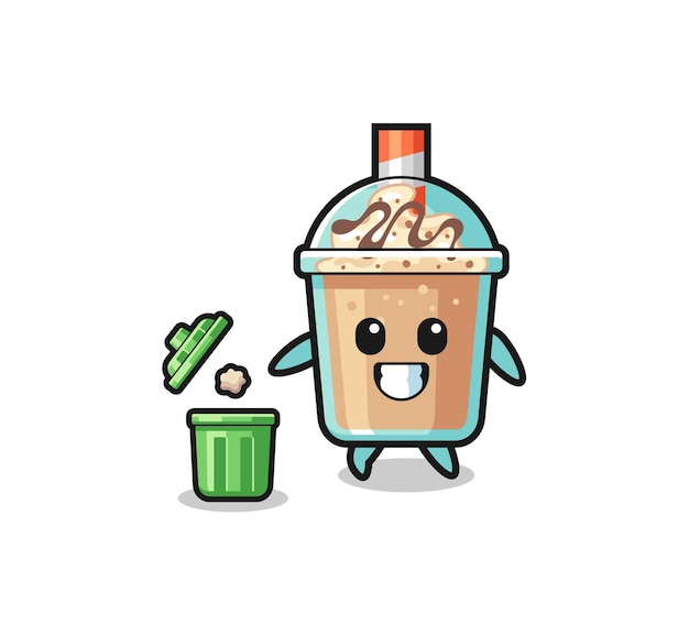 Illustration of the milkshake throwing garbage in the trash can