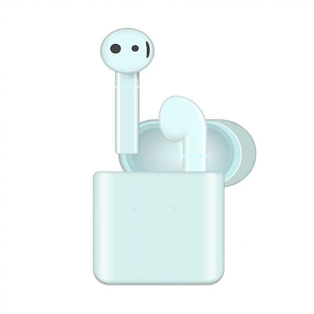  illustration of mint wireless headphones in a case on a white background.