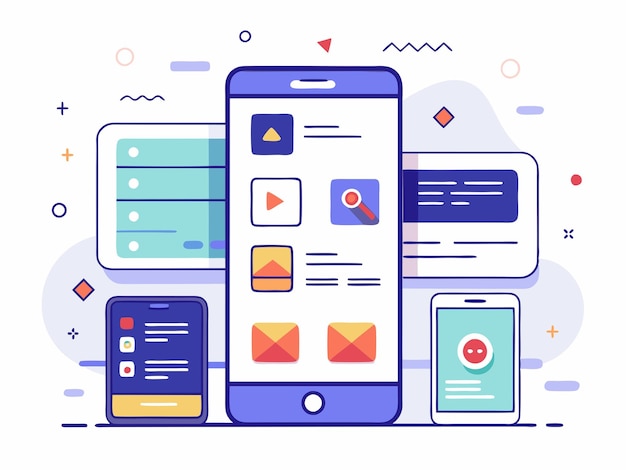 Illustration Mobile wireframe idea with minimalist design Showcasing various UI elements