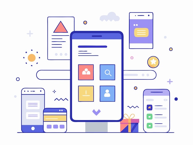 Illustration Mobile wireframe idea with minimalist design Showcasing various UI elements