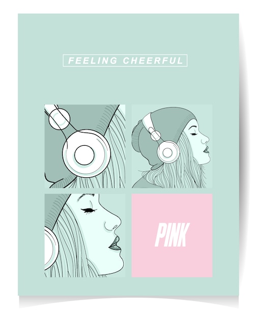 Illustration of modern girl listening music. Feeling cheerful