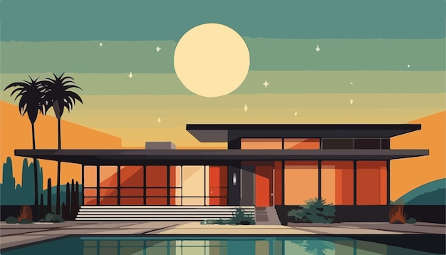 Vector illustration of a modern house with pool and palm trees at night