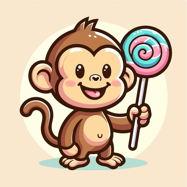 Illustration of a monkey holding a lollipop in a simple vector style