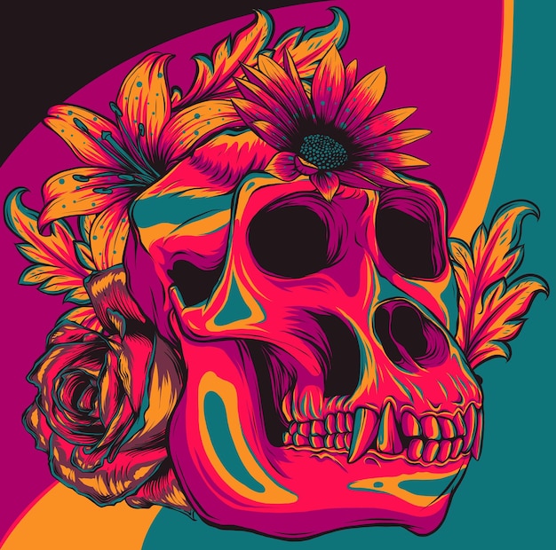 Vector illustration of monkey skull with flower